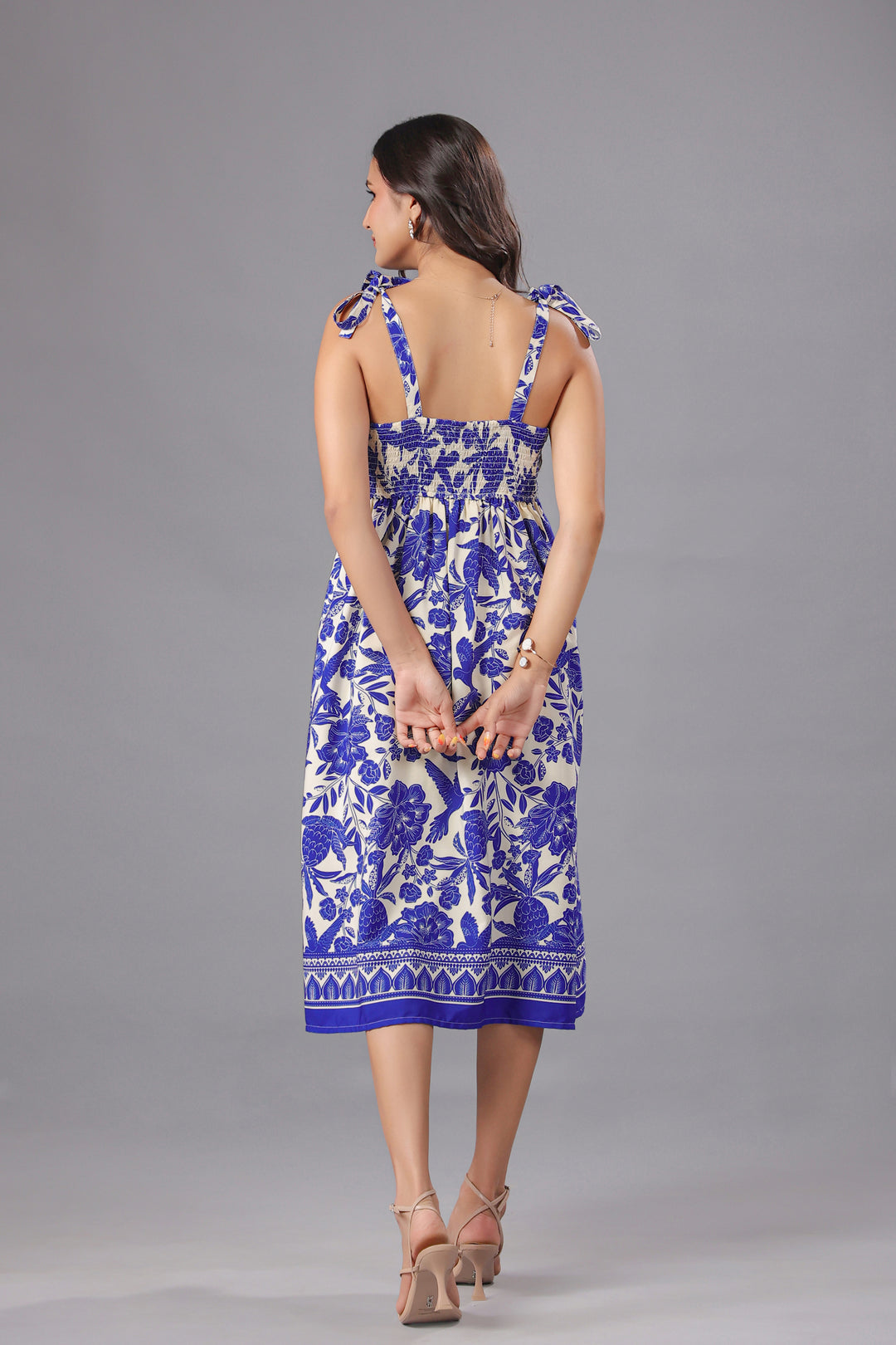 Blue Floral Printed Tie-Strap Midi Dress