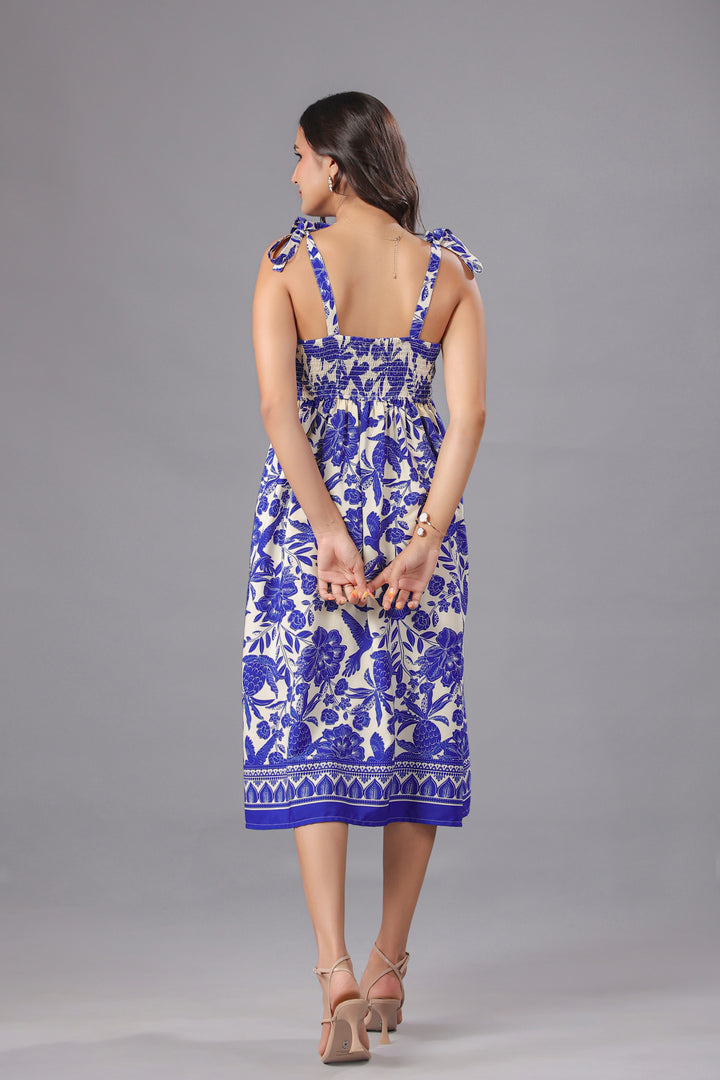 Blue Floral Printed Tie-Strap Midi Dress