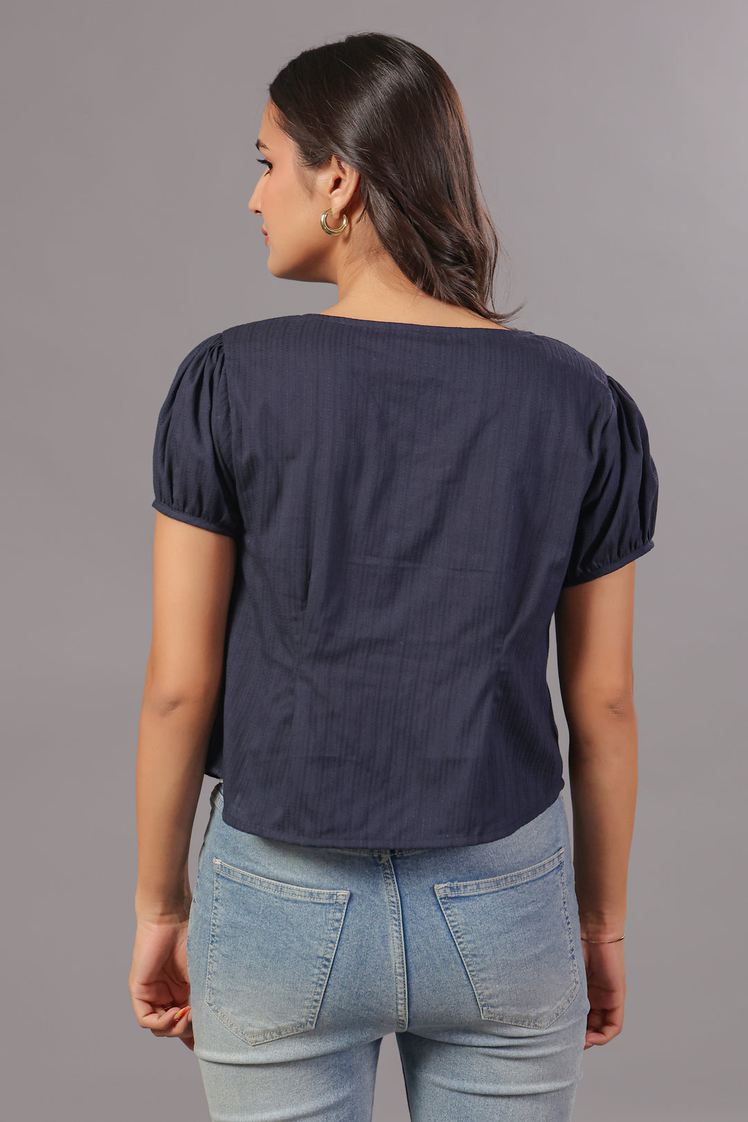 Navy Blue Tie-Neck Button Down Top