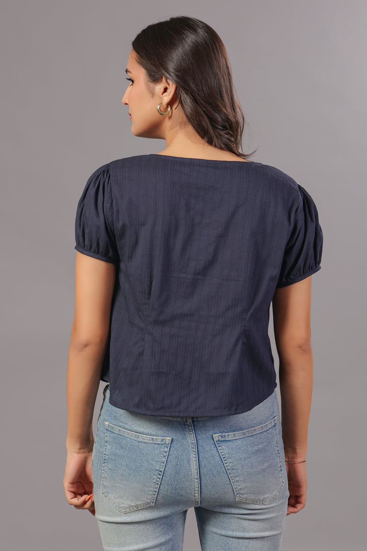 Navy Blue Tie-Neck Button Down Top