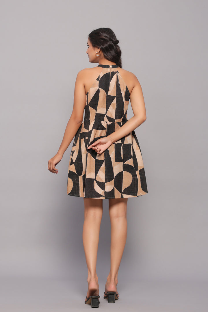 Textured Linen Geometric Print Halter Neck Summer Dress for women