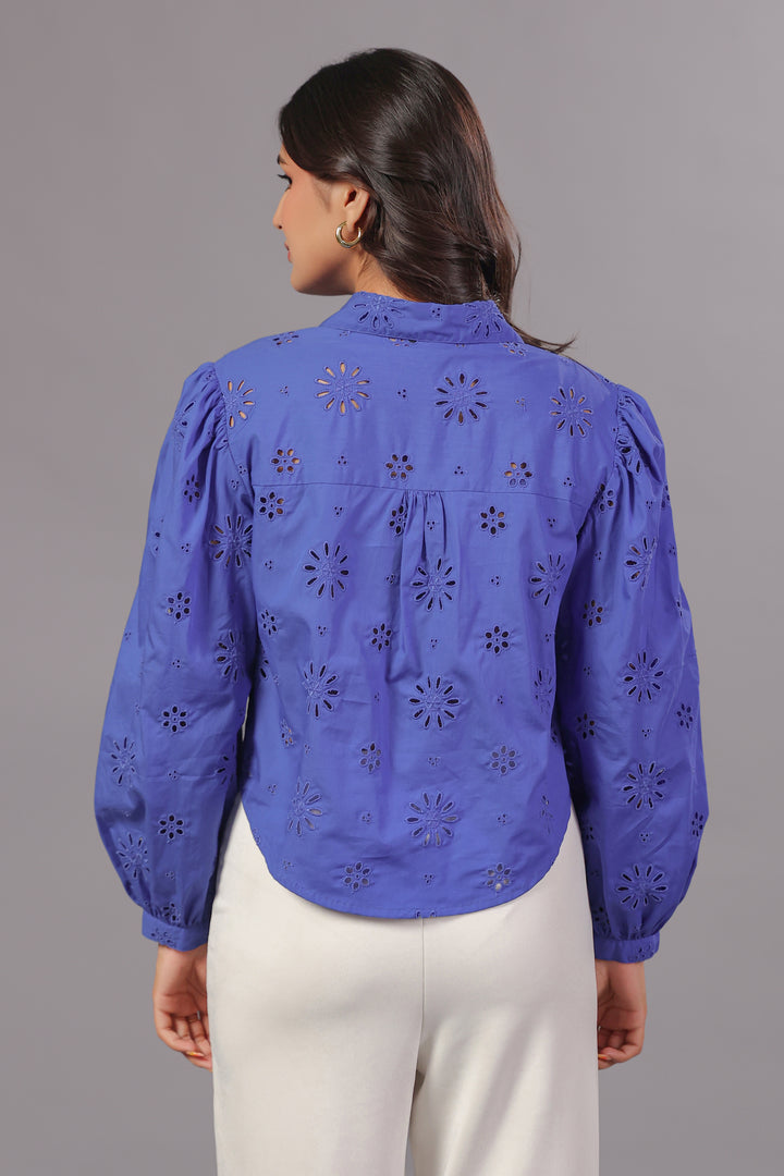 Blue Schiffli Shirt In Bishop Sleeve