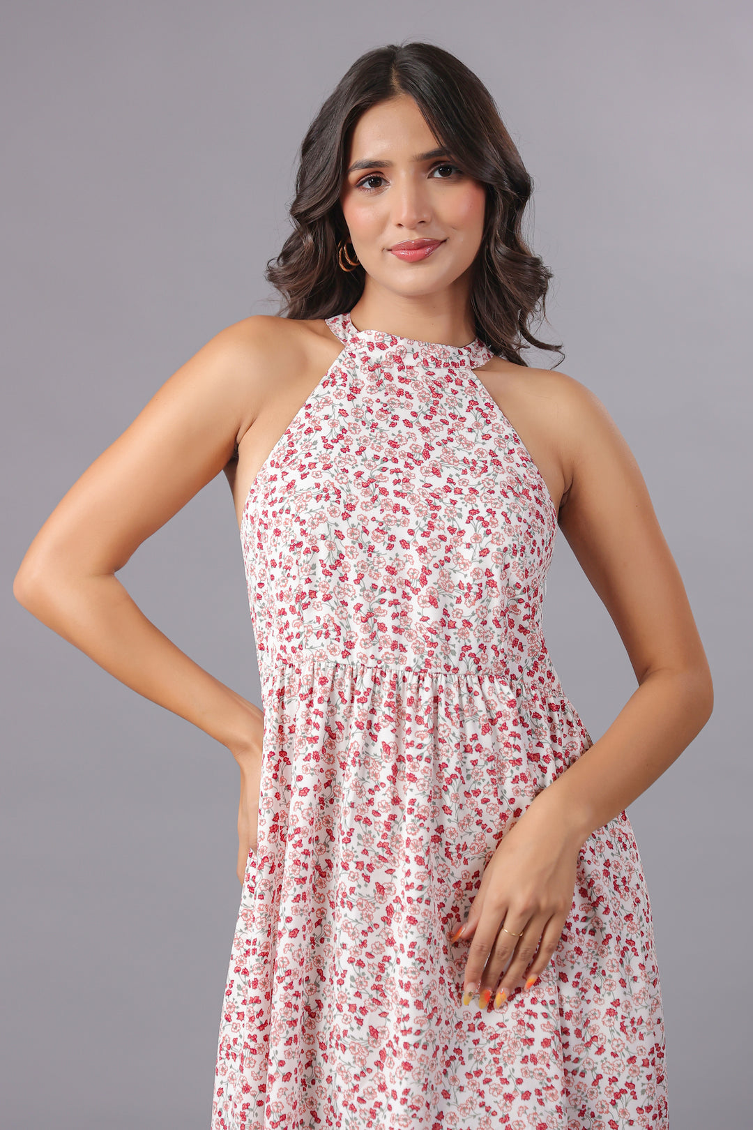 Red Floral Midi Dress With Slit in Ditsy Floral