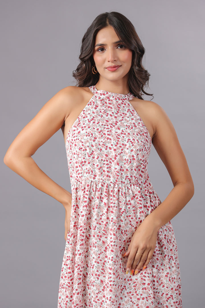 Red Floral Midi Dress With Slit in Ditsy Floral