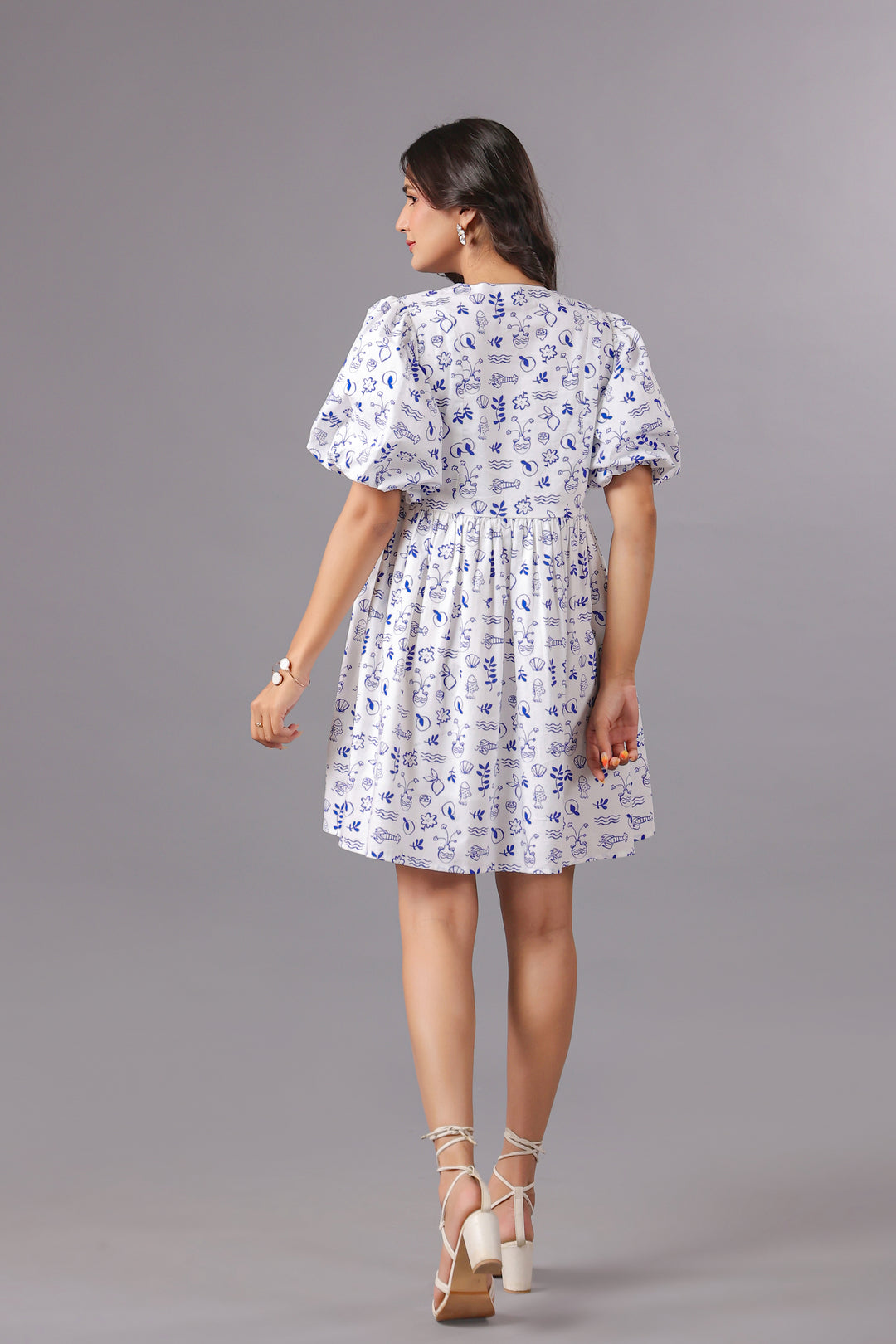 Balloon Sleeve Mini Dress In Ocean Print