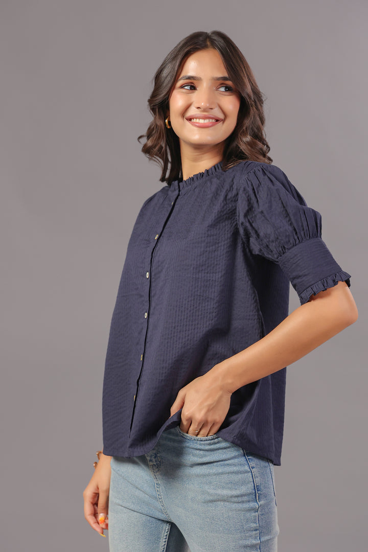 Seersucker Navy Blue Friled Shirt
