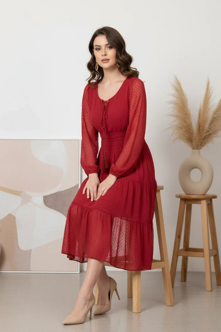 Full length shot of the elegant red midi dress, showcasing bishop sleeves | June 9 Clothing