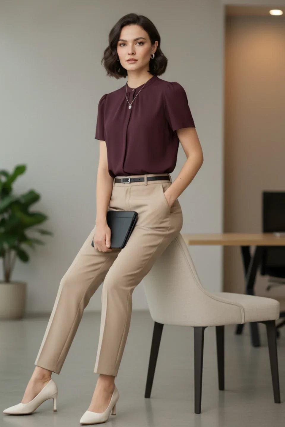 June 9 Clothing Cardinal Red Moss solid top, comfortable workwear for women.