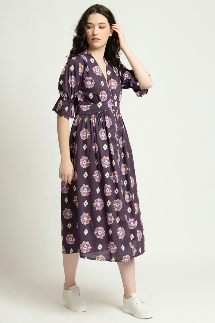 Deep Violet Button down V neck Midi Fit and Flare Dress