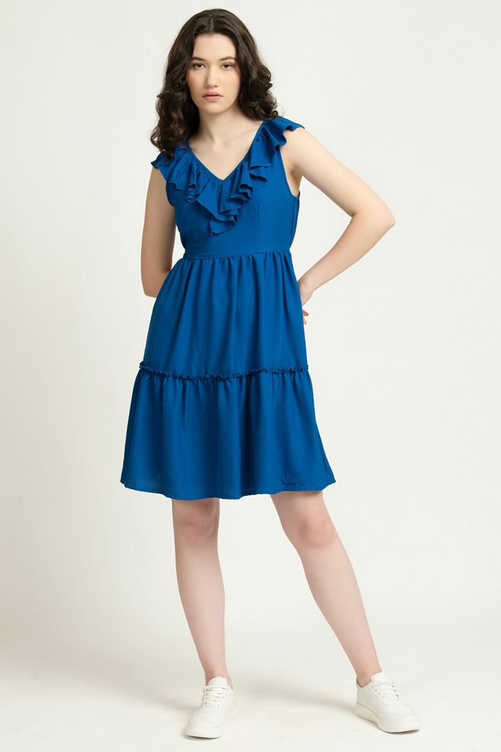 Blue Ruffled Back Cutout Short Dress