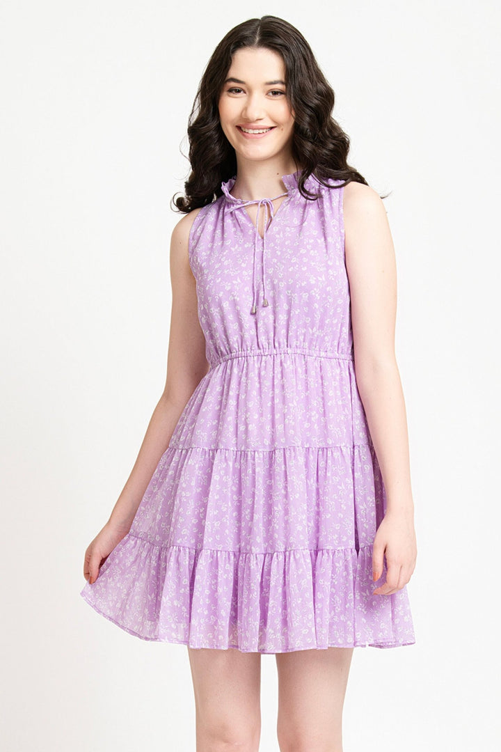 Lavender Floral Print Ruffled Collar sleeveless Mini Dress