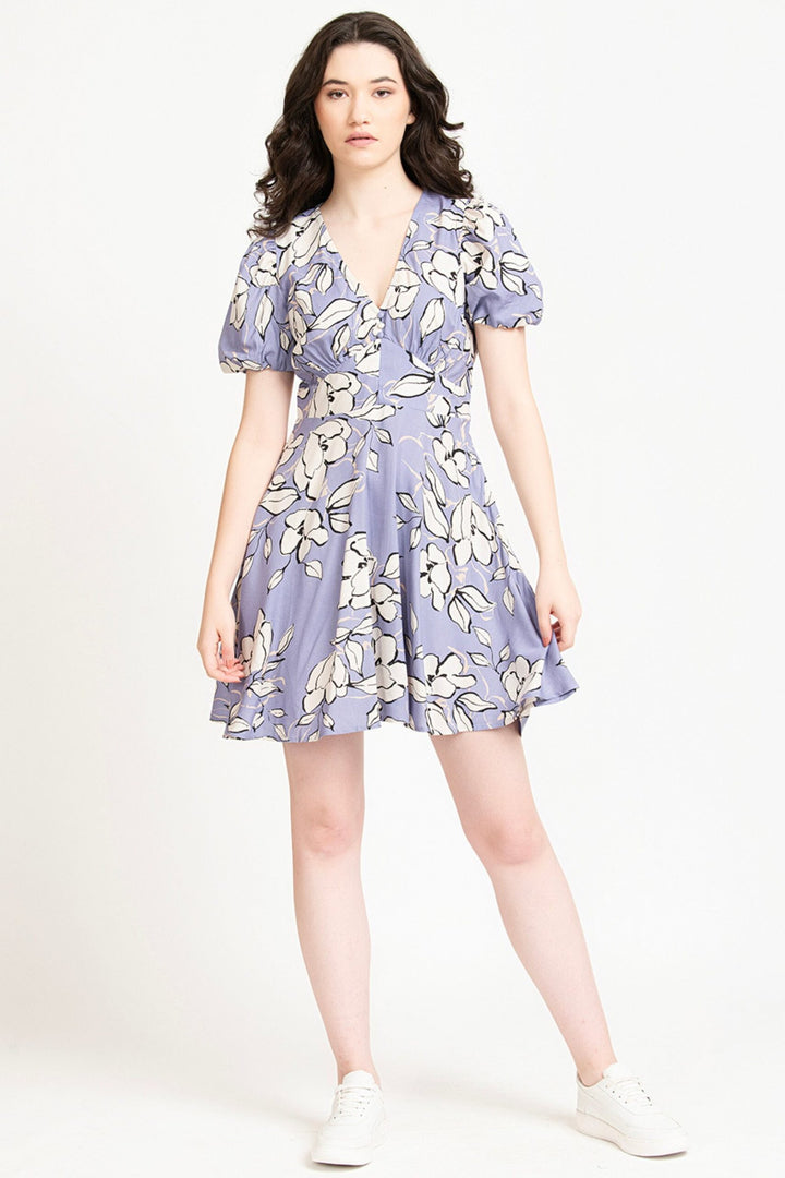 Lavender Floral Print V neck Fit & Flare Waist Yoke Dress