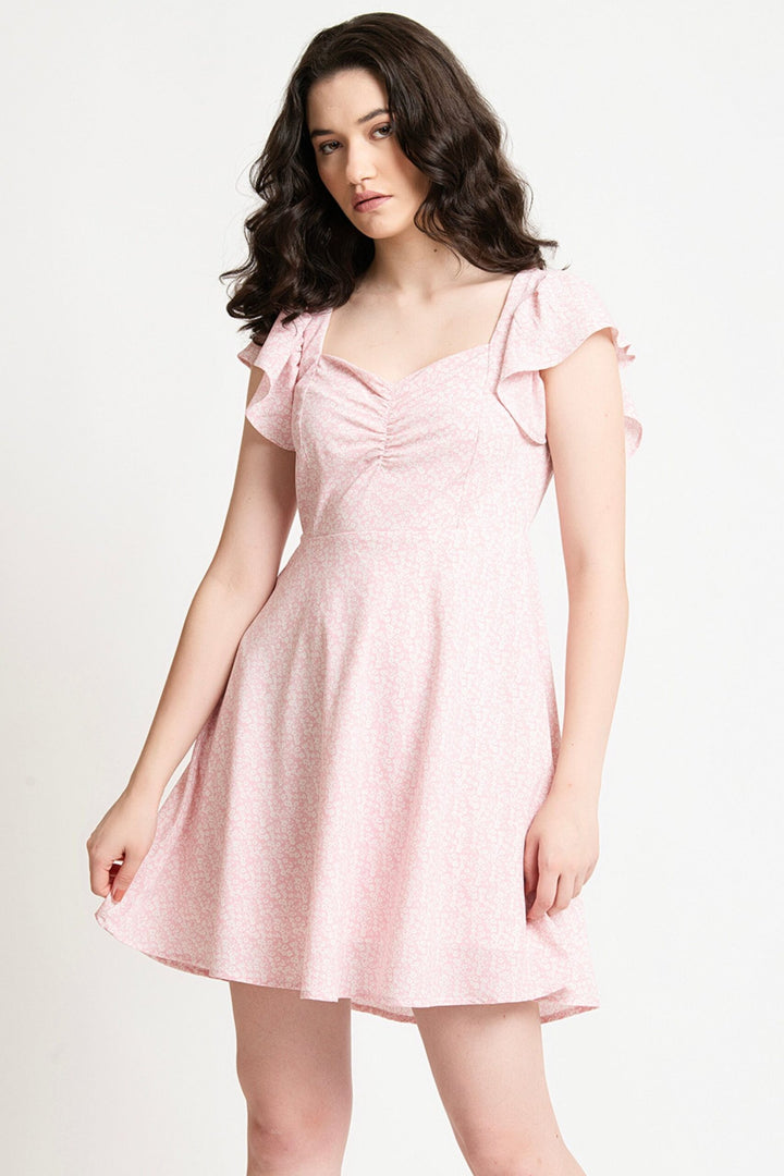 Baby Pink Ruched Sweetheart neck Fit And Flare mini Dress