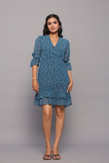Teal Ditsy Floral Print Tiered Ruffle Mini Dress