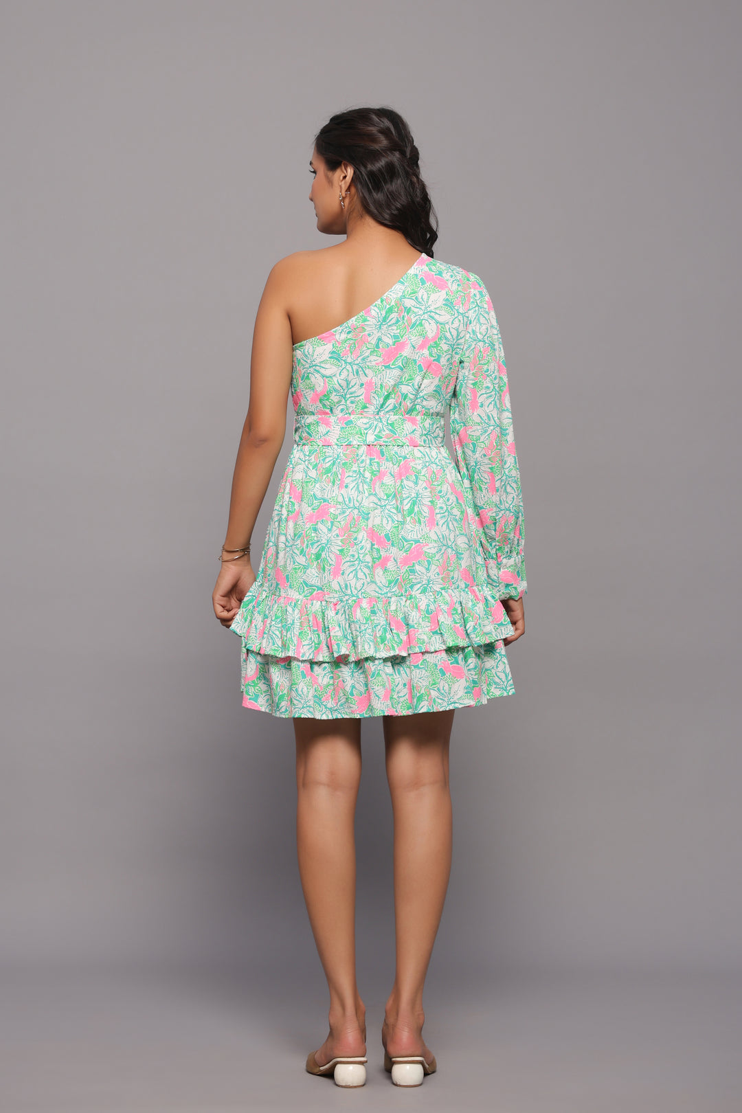 Green Mini Dress for Women – One Shoulder Fit &amp; Flare Style