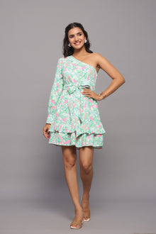White & Green Floral Print One Shoulder Mini Dress