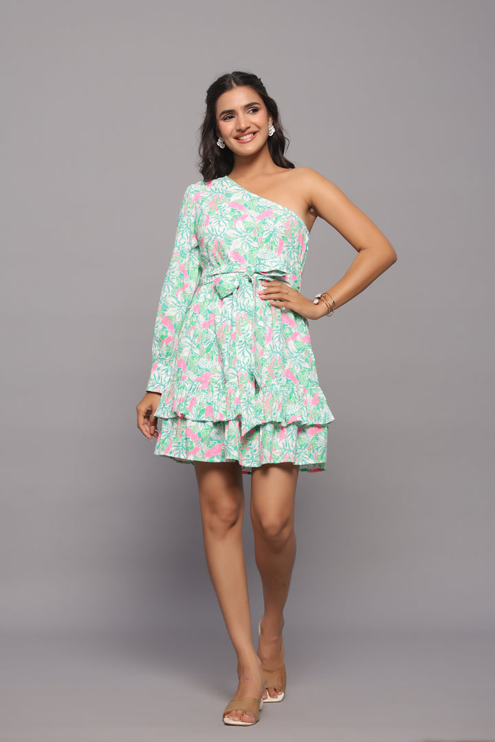 Green Mini Dress for Women – One Shoulder Fit &amp; Flare Style