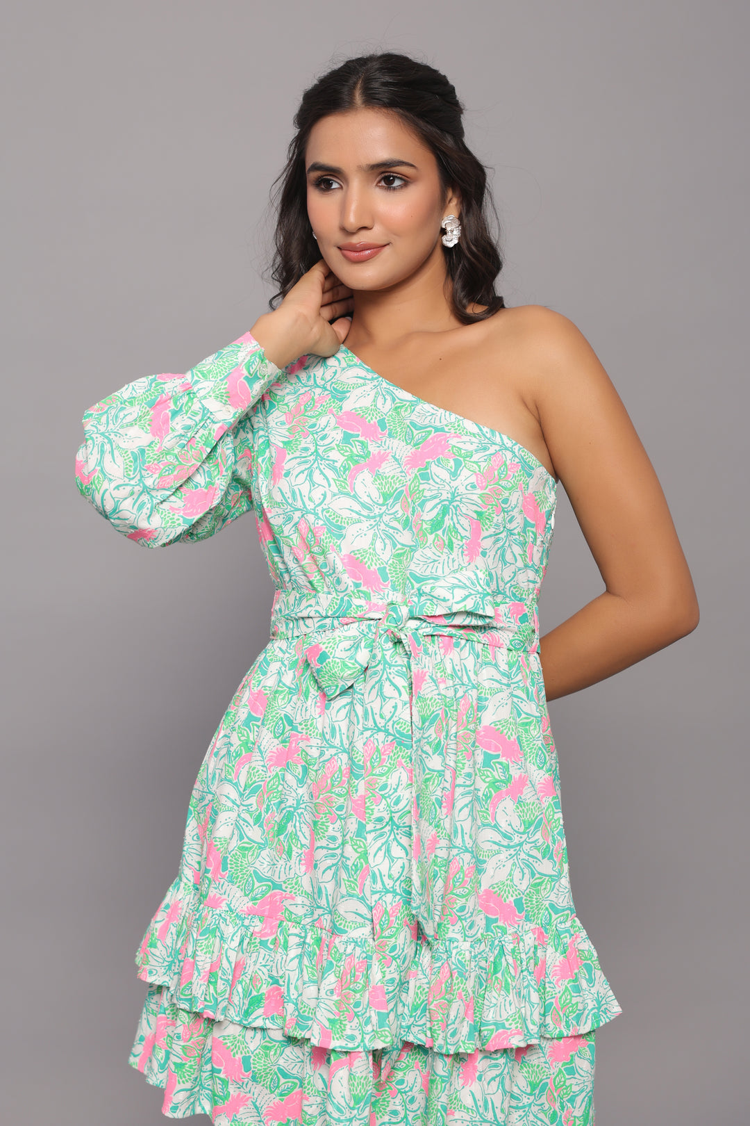 Green Mini Dress for Women – One Shoulder Fit &amp; Flare Style