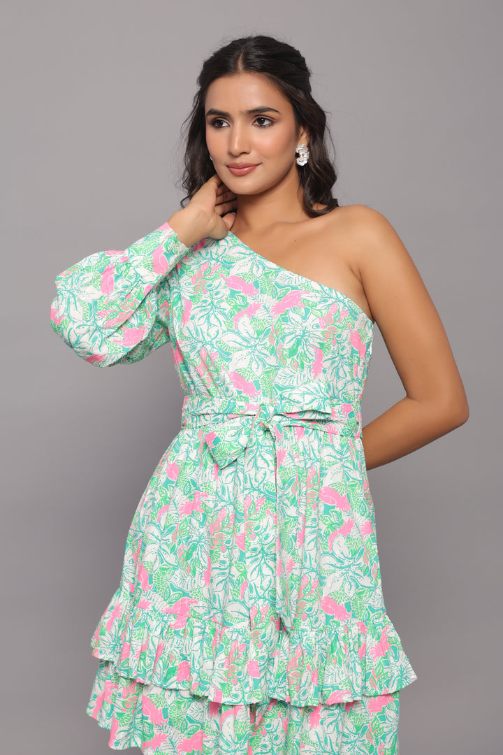 Green Mini Dress for Women – One Shoulder Fit &amp; Flare Style