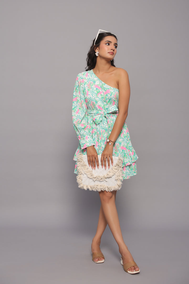 Green Mini Dress for Women – One Shoulder Fit &amp; Flare Style