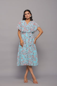 Aqua Floral Print Cape Sleeve Wrap Dress
