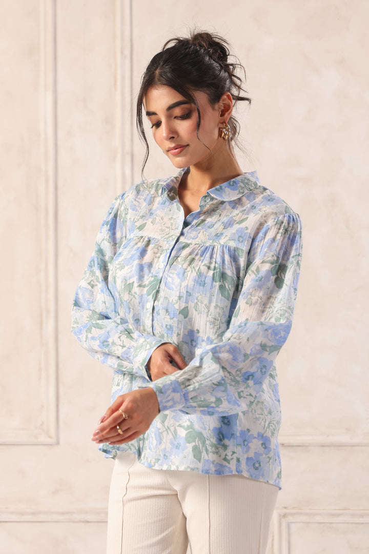 Blue floral blouse with puff sleeves, chic Western wear for women