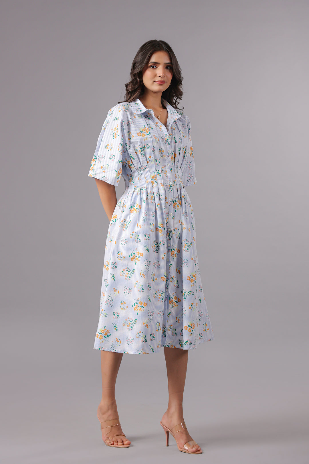 Shirt Dress In Yarn Dyed Stripe With Floral Print