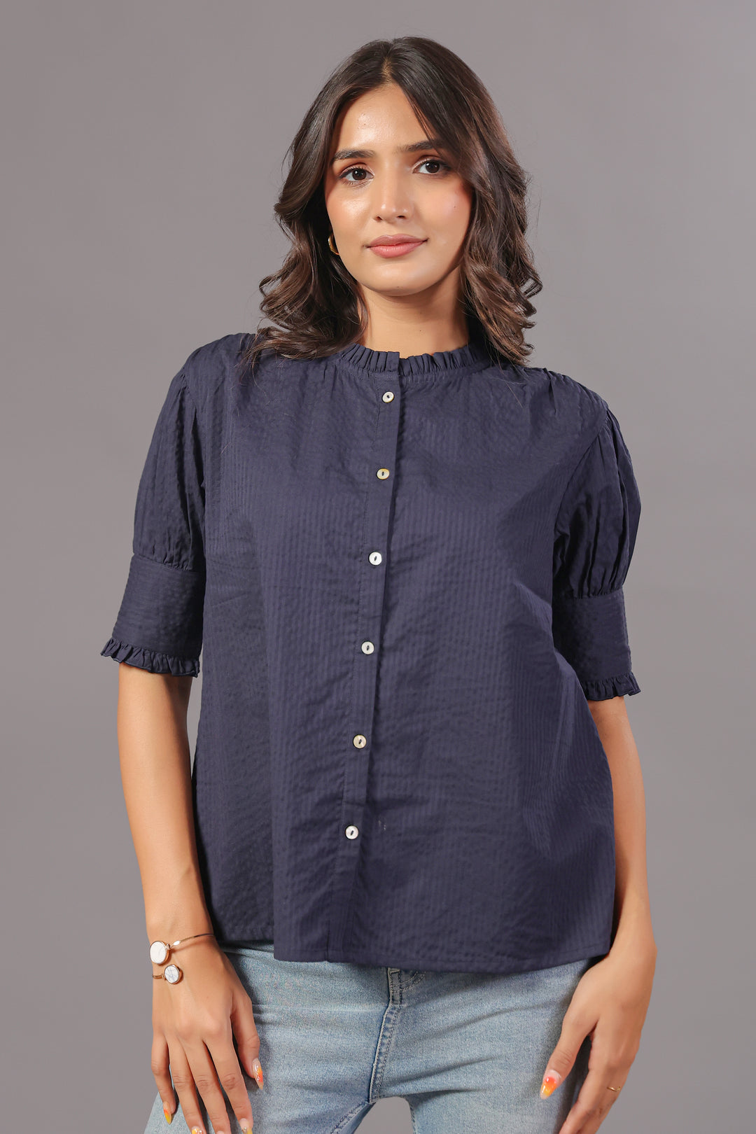 Seersucker Navy Blue Friled Shirt