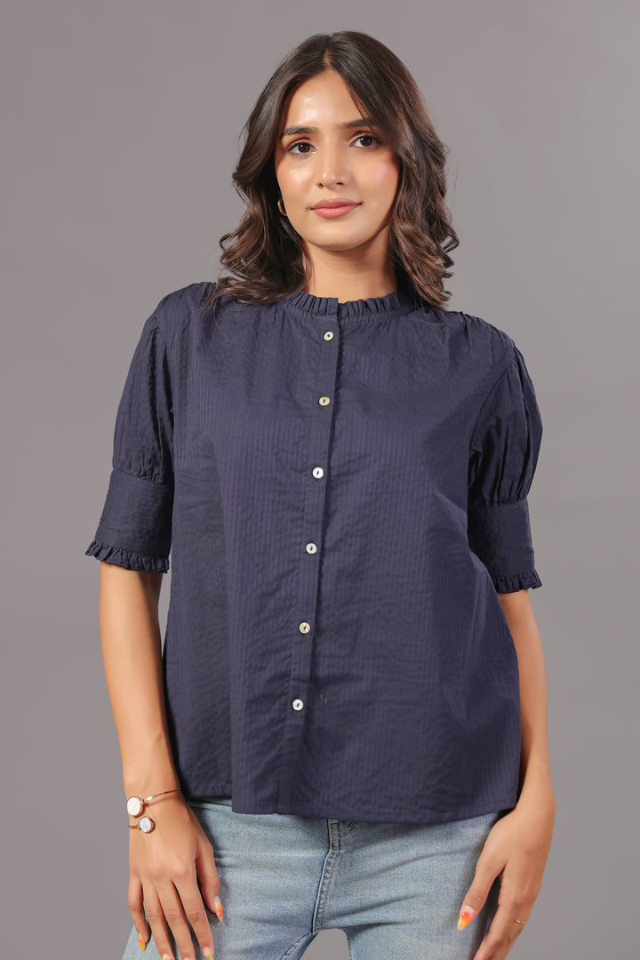 Seersucker Navy Blue Friled Shirt