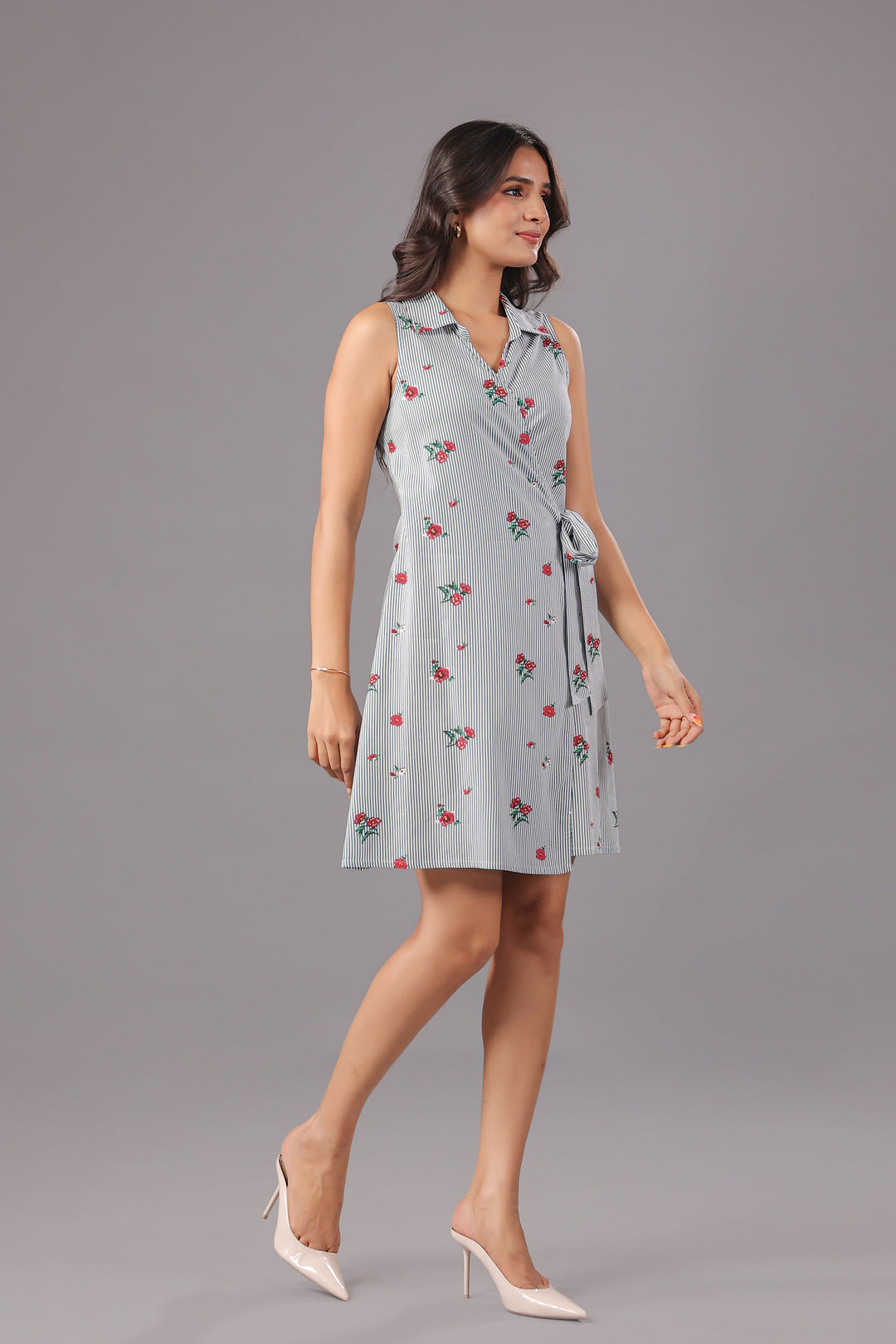 Wrap Mini Dress In Stripe and floral Print