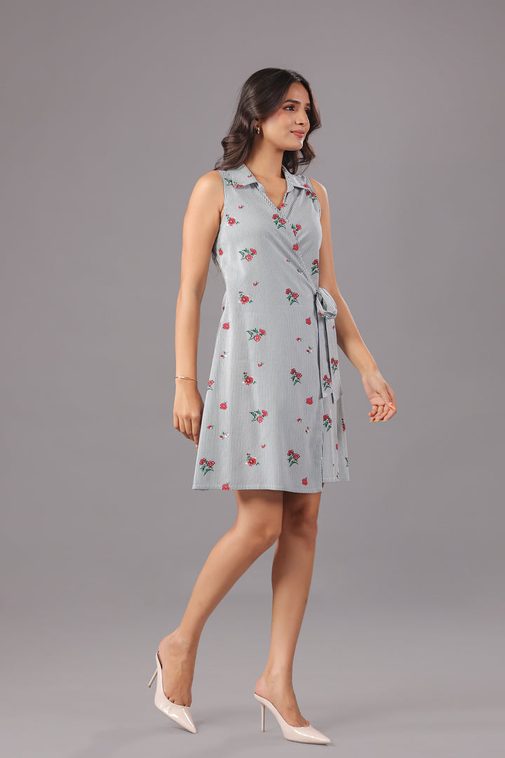 Wrap Mini Dress In Stripe and floral Print