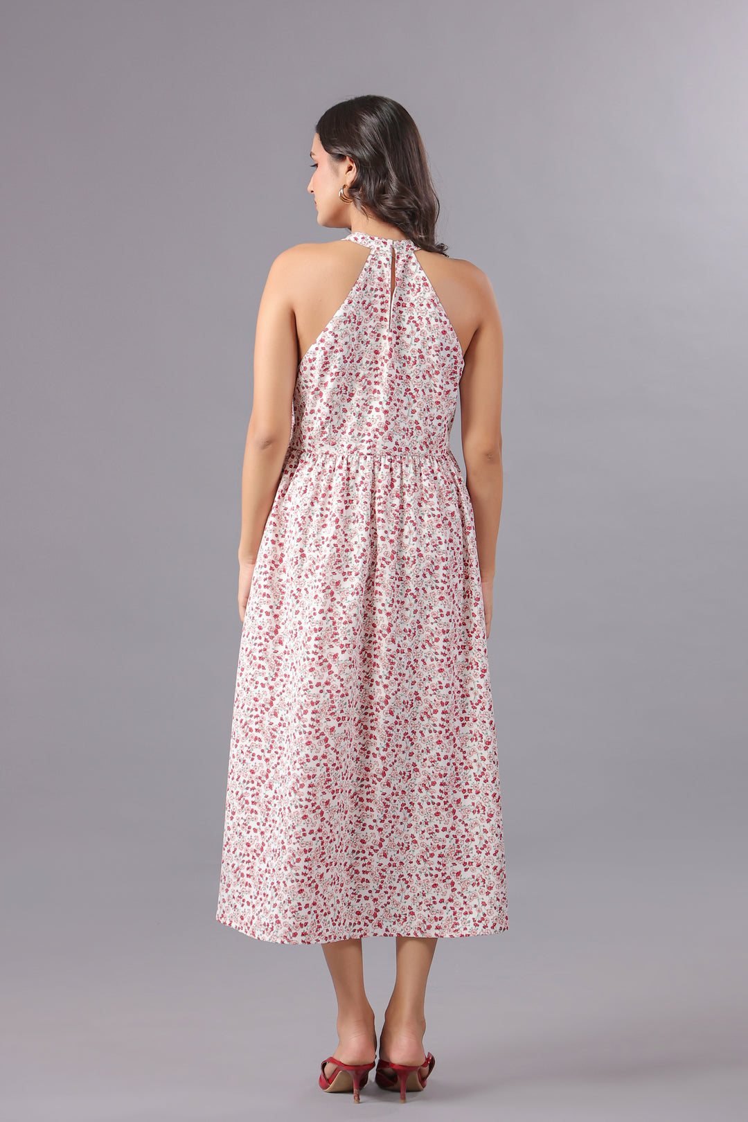 Red Floral Midi Dress With Slit in Ditsy Floral