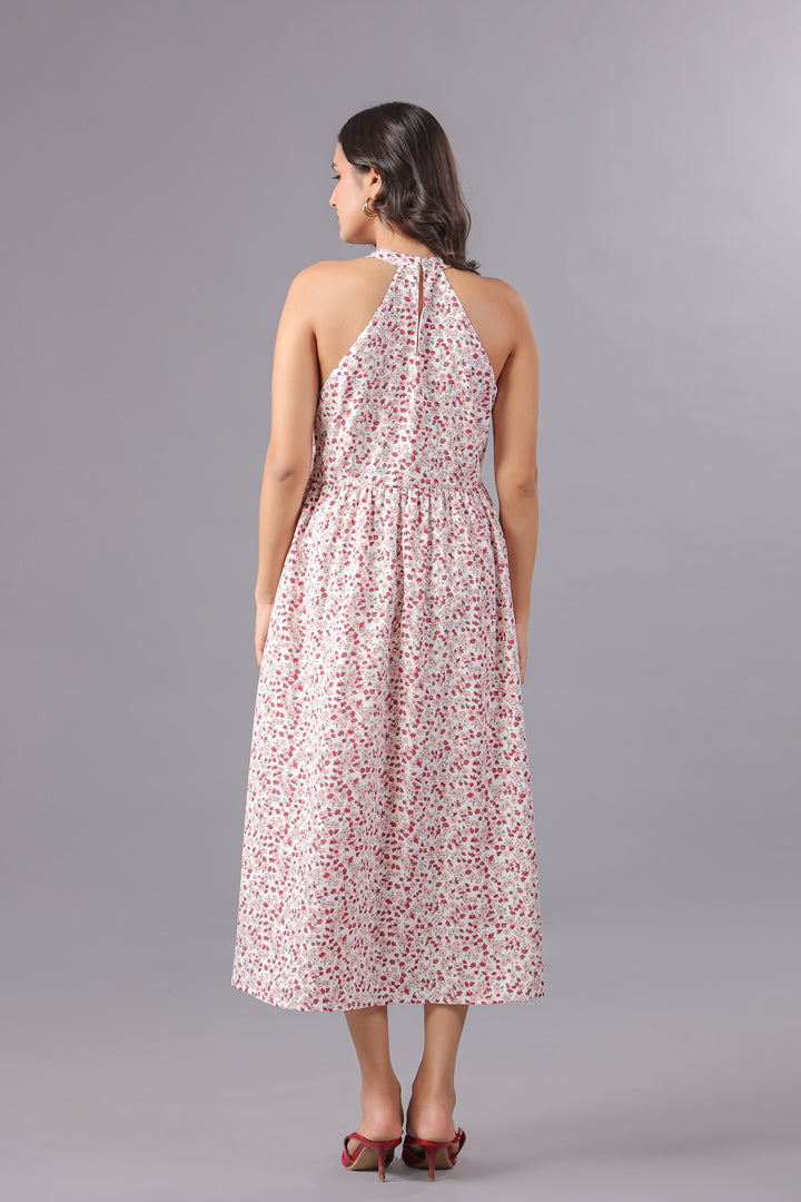 Red Floral Midi Dress With Slit in Ditsy Floral