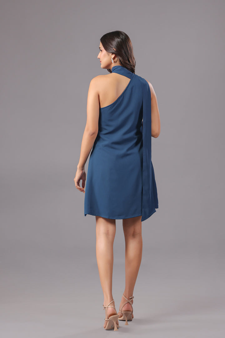 Navy Blue One Shoulder Mini Dress With Scarf