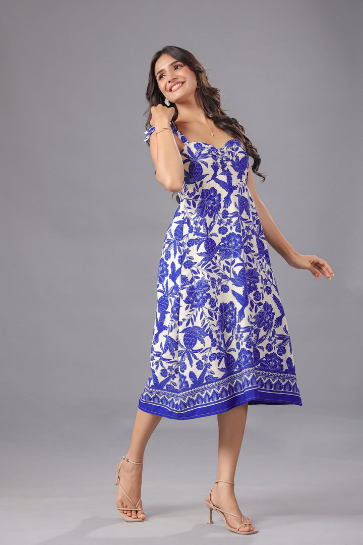 Blue Floral Printed Tie-Strap Midi Dress