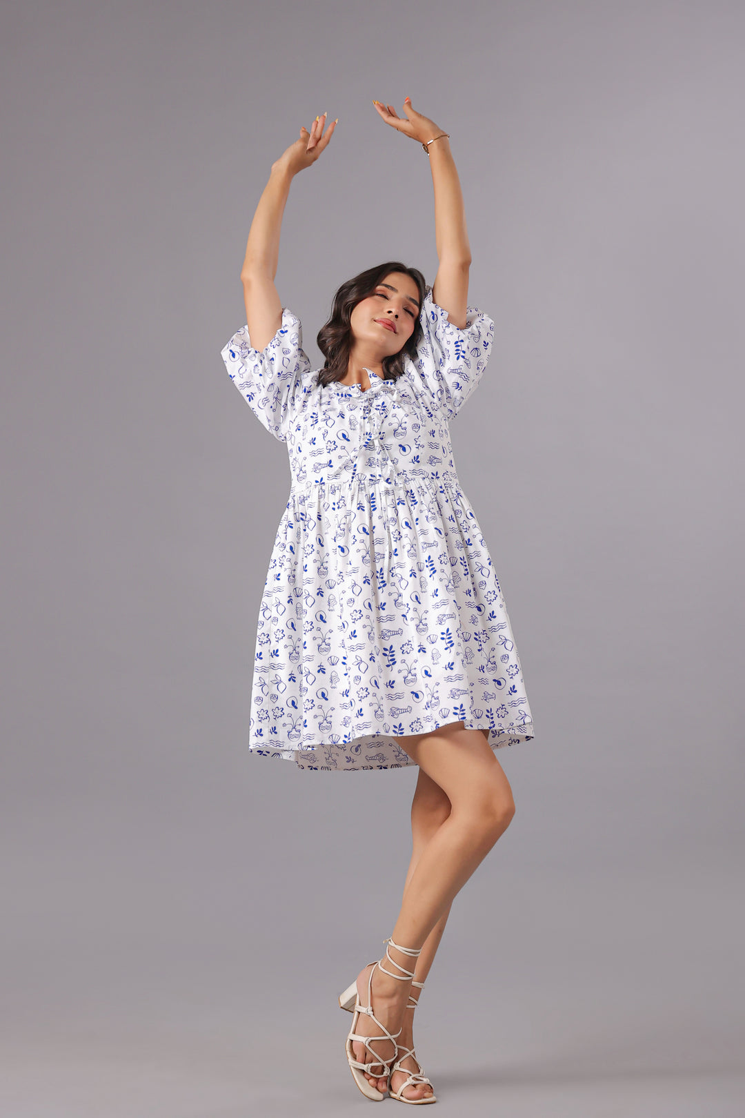 Balloon Sleeve Mini Dress In Ocean Print