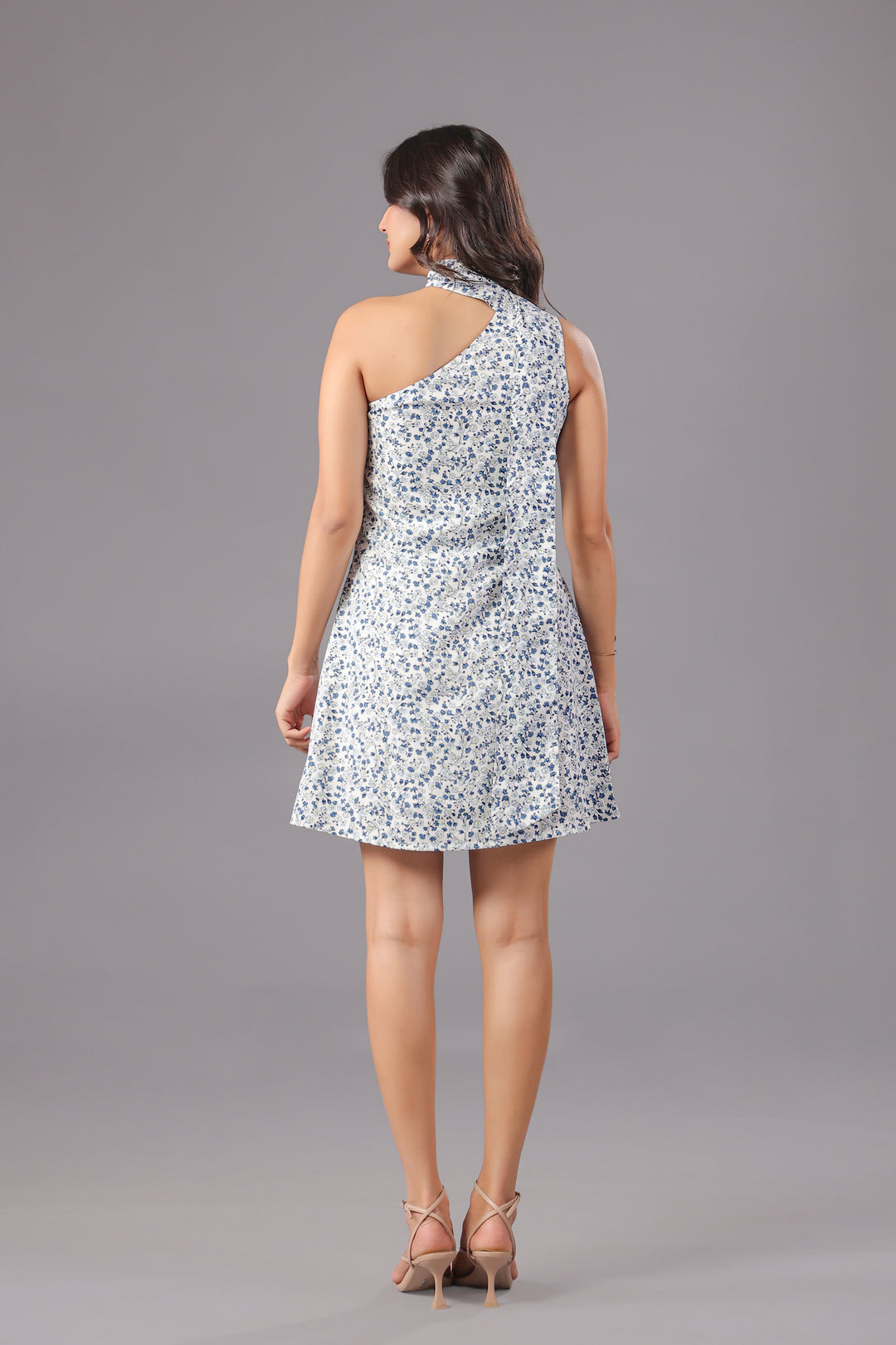 Disty Floral One Shoulder Mini Dress With Scarf