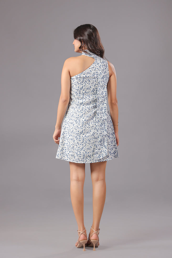 Disty Floral One Shoulder Mini Dress With Scarf