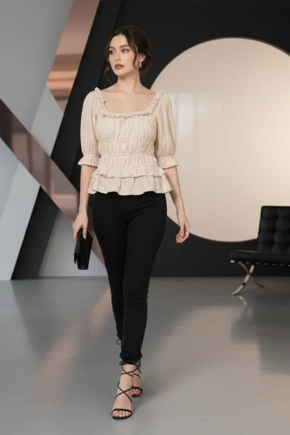 June 9 Clothing Women's Beige Seersucker Peplum Top with Ruffled Neckline.