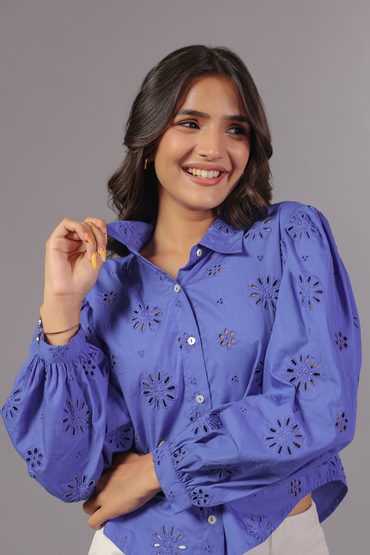 Blue Schiffli Shirt In Bishop Sleeve