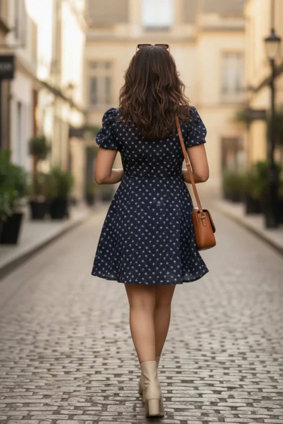 Woman in navy floral western dress and ankle boots walking on a cobblestone street