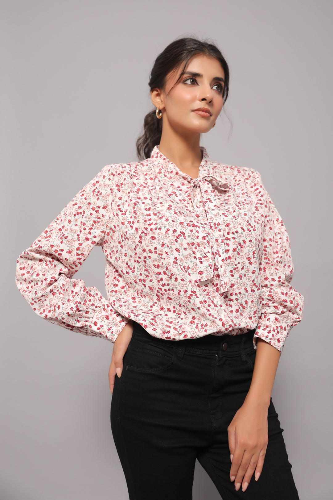 Tie-Neck Shirt In Ditsy Floral Print