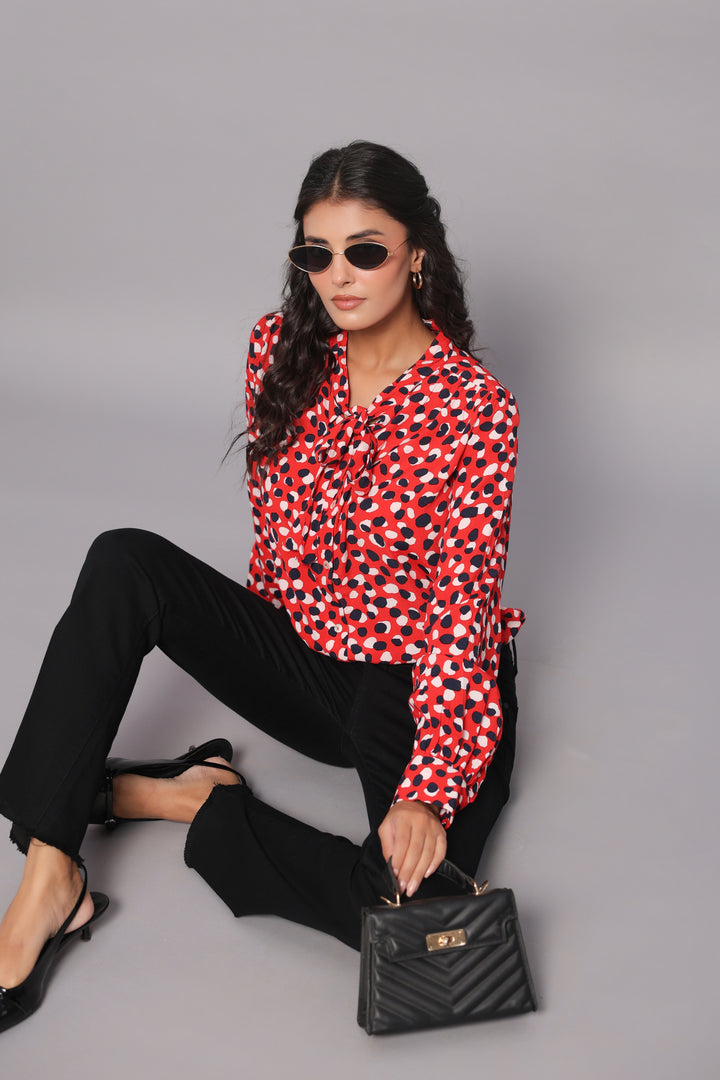Tie-Neck Shirt In Abstract Dot Print