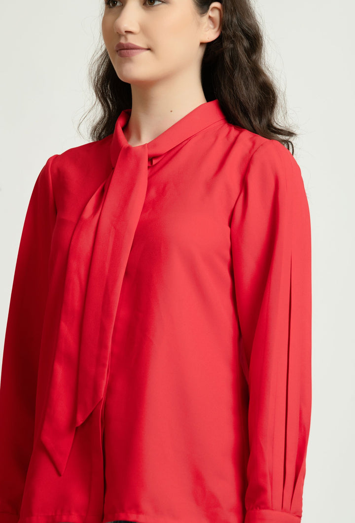 Red long sleeve blouse with tie neck detail for women's Western wear