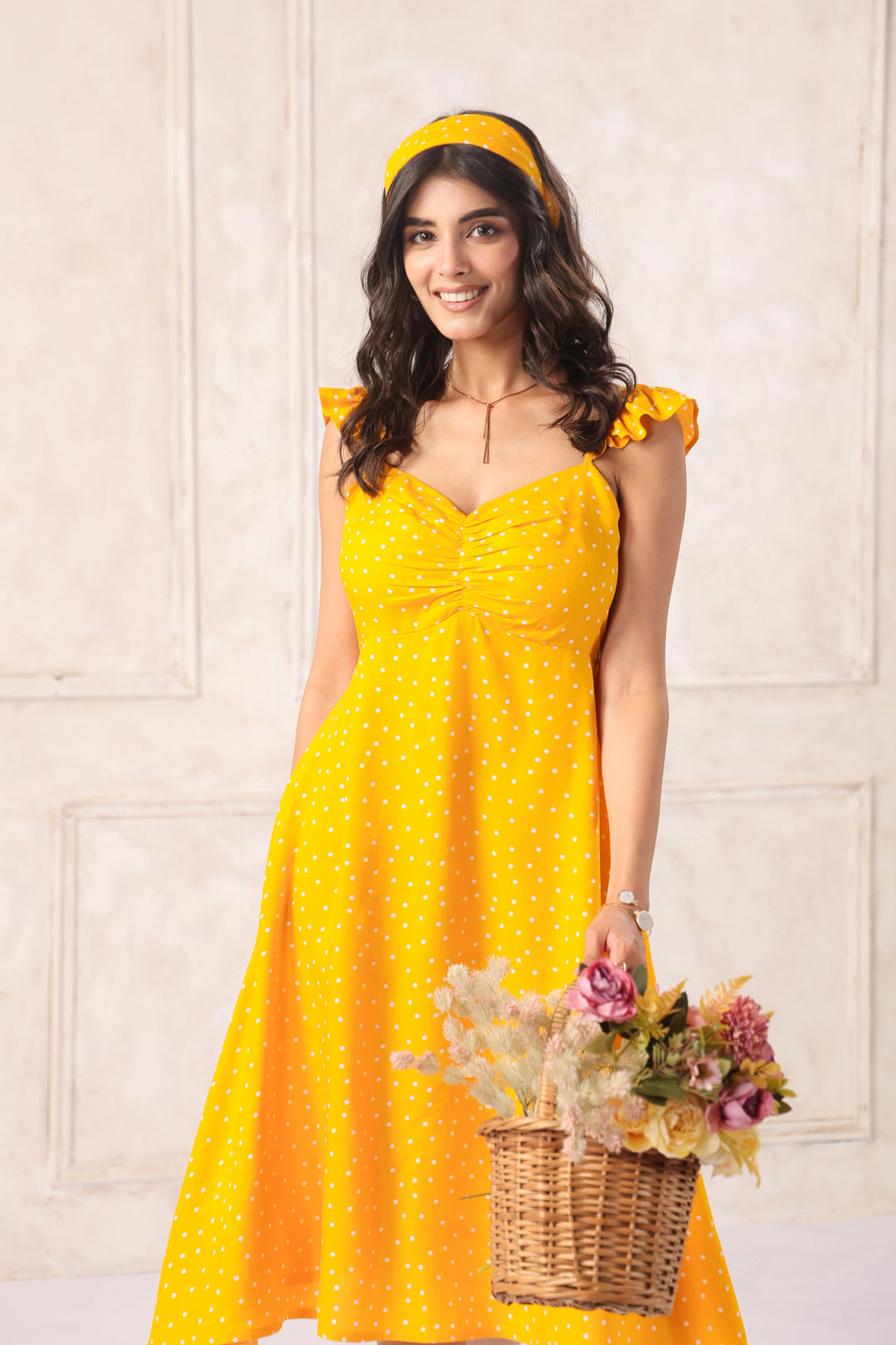 Yellow Polka Dot Midi Dress for Women | Sleeveless Brunch Dress India June 9 Clothing Yellow Polka Dot Midi Dress for Women | Sleeveless Brunch Dress India June 9 Clothing