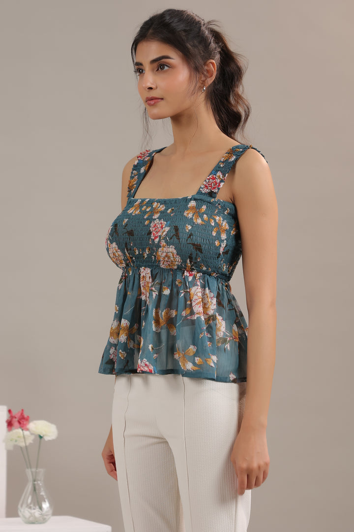 Teal Floral Print Chiffon Smocked Peplum Crop Top For Women