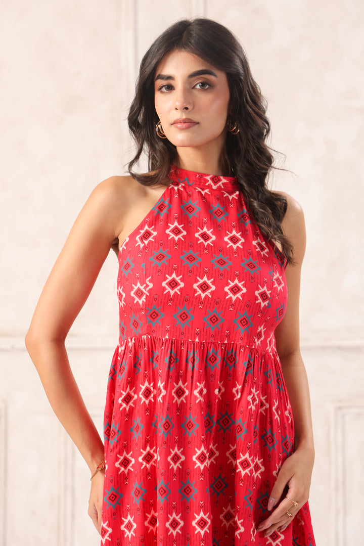 Red Mini Dress In Abstract Print
