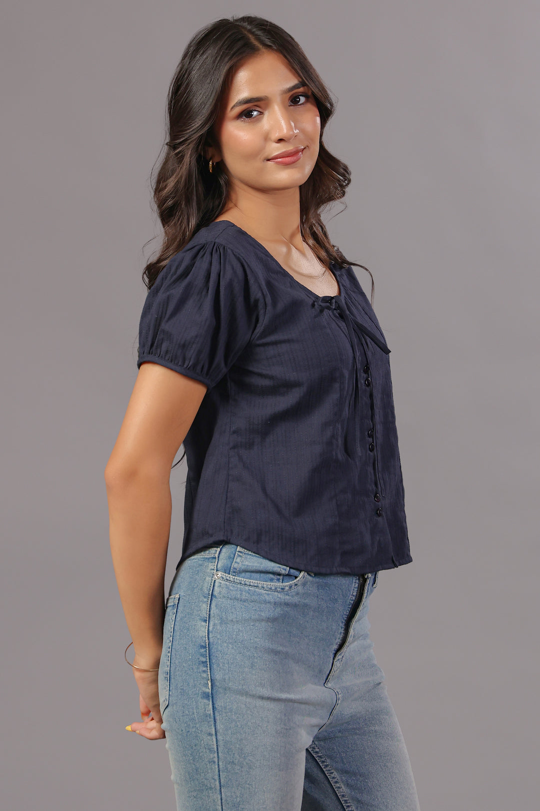 Navy Blue Tie-Neck Button Down Top