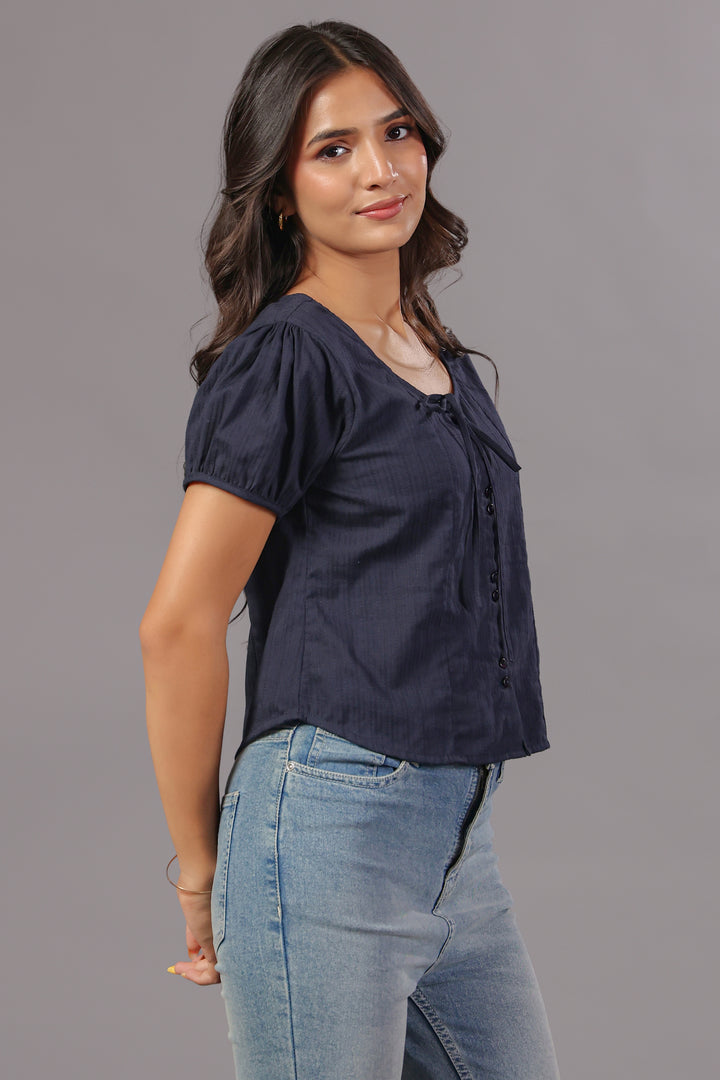 Navy Blue Tie-Neck Button Down Top