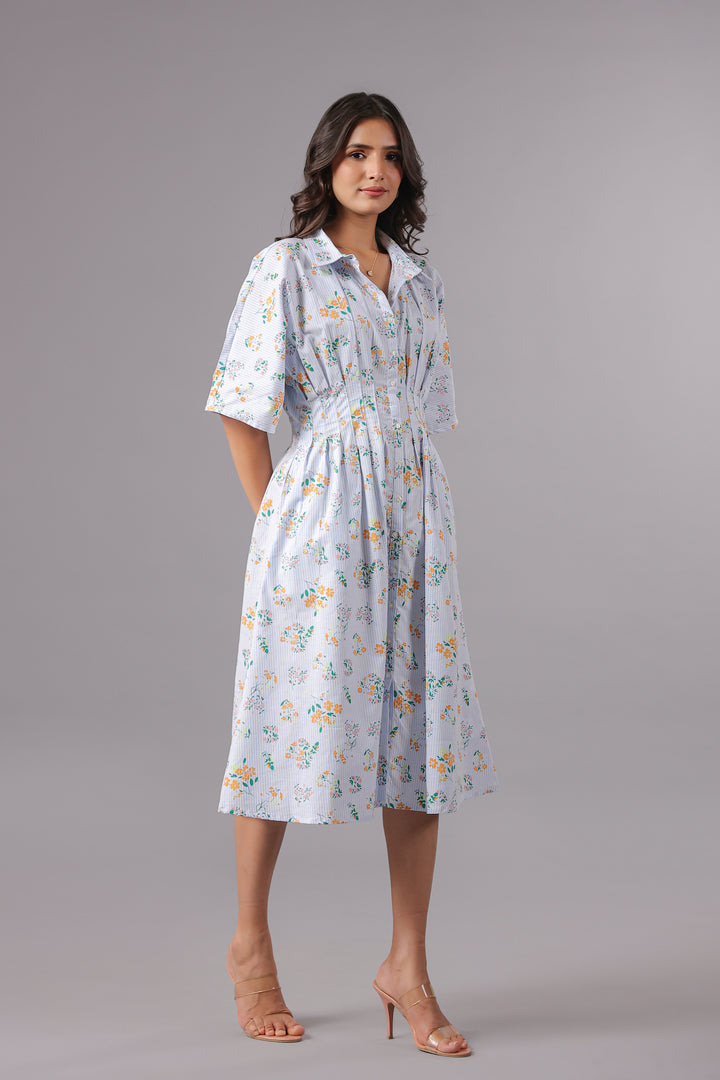 Shirt Dress In Yarn Dyed Stripe With Floral Print